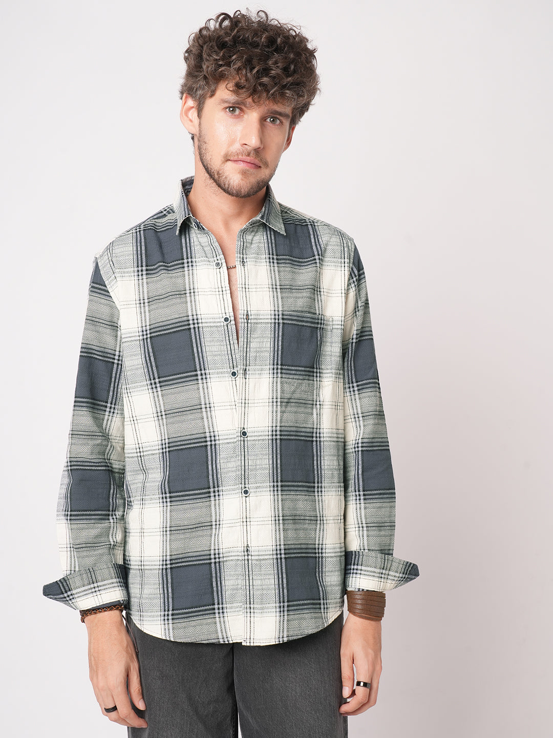 Intricate Micro Weave White Plaid Checks Jacquard Shirt