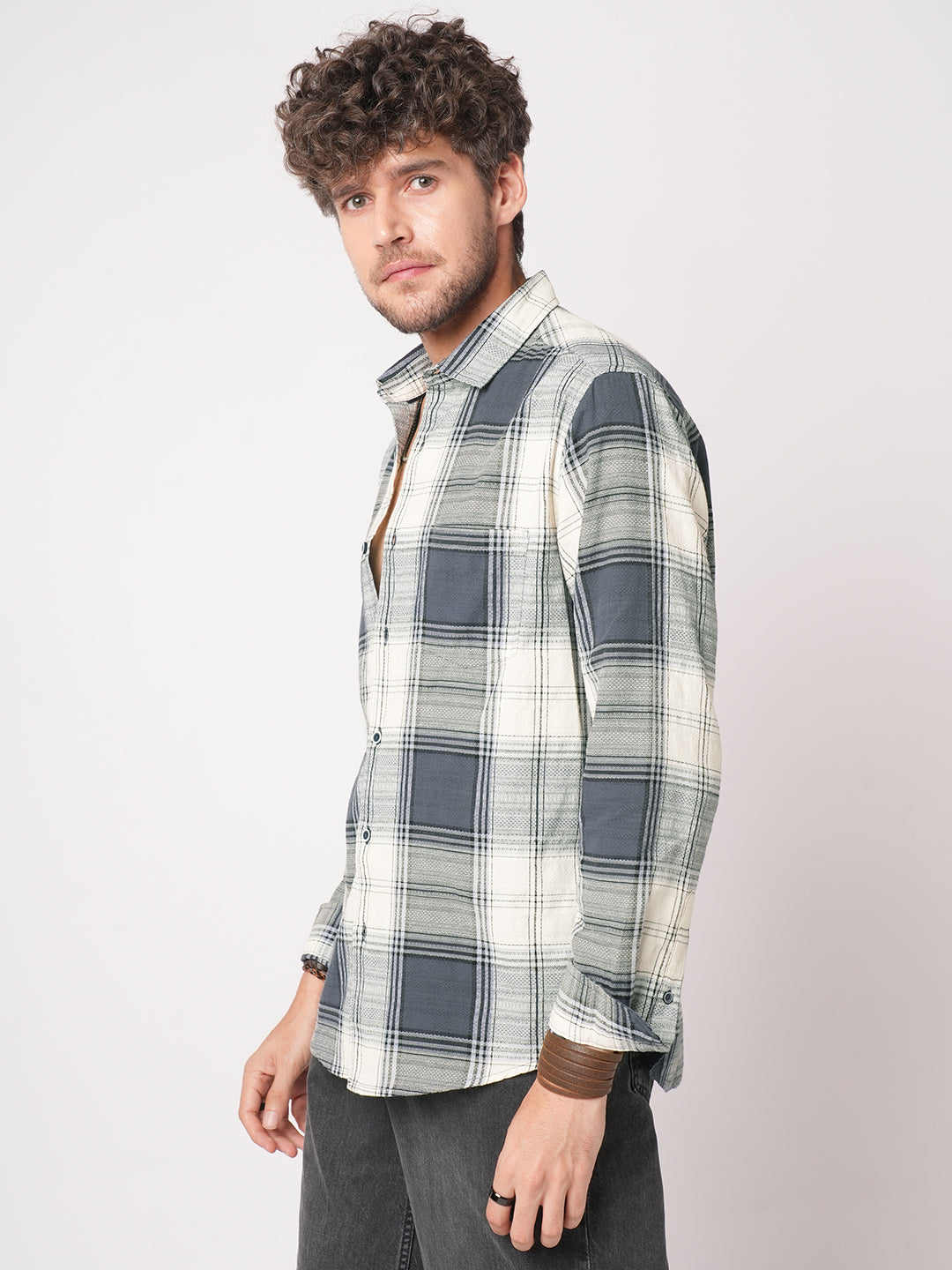 Intricate Micro Weave White Plaid Checks Jacquard Shirt