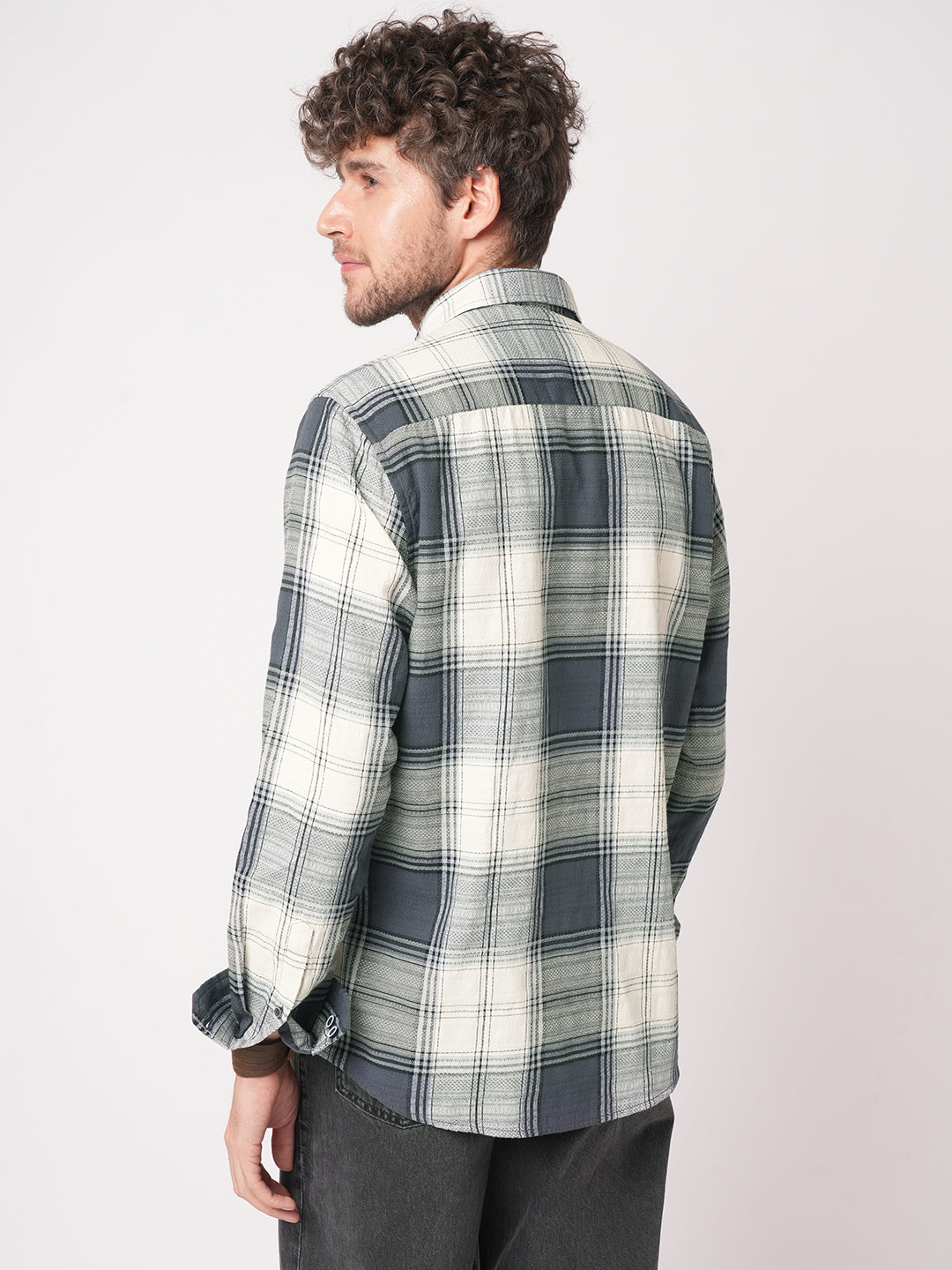 Intricate Micro Weave White Plaid Checks Jacquard Shirt