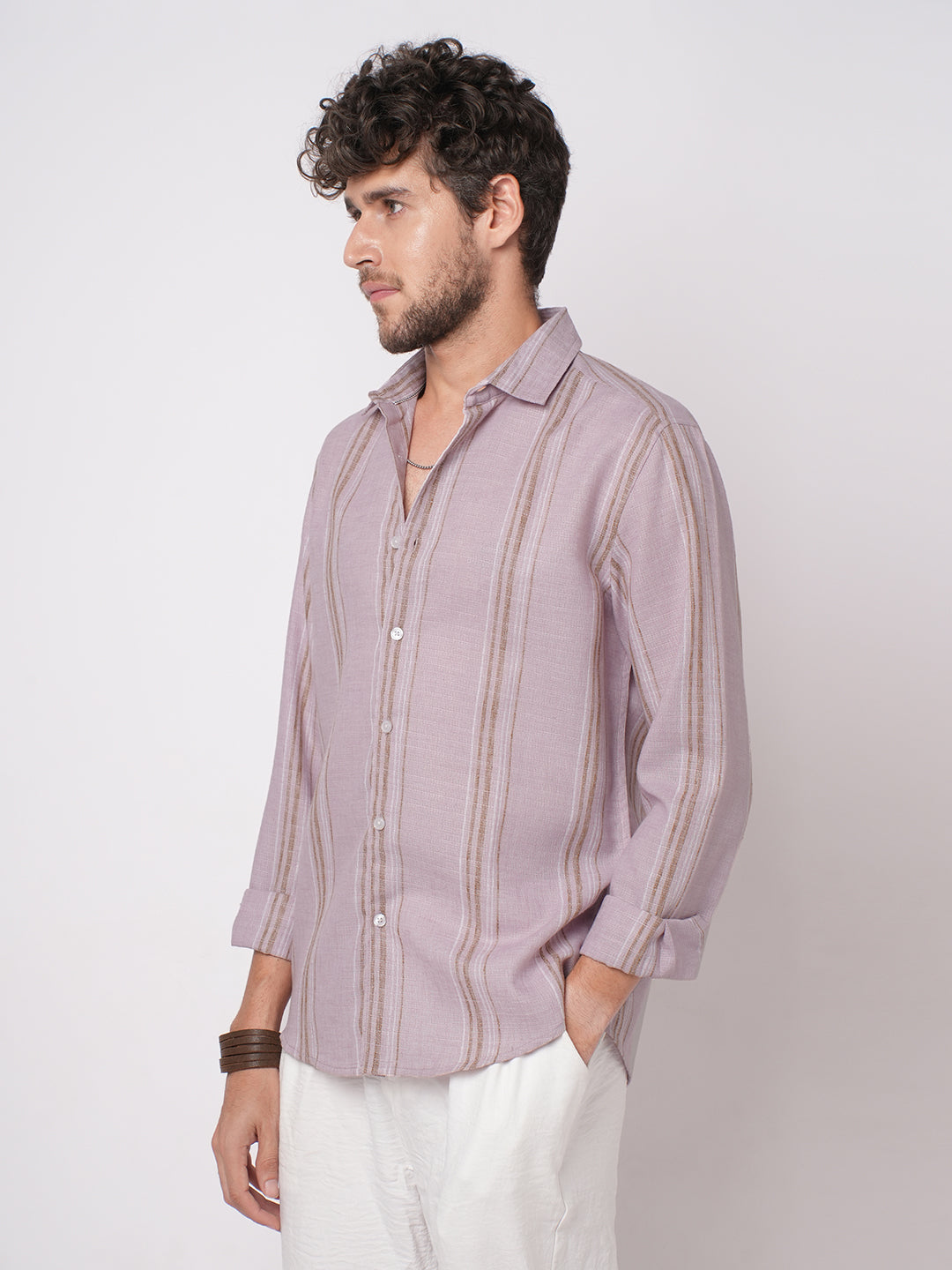 Subtle Pink Vertical Striped Linen Blend Shirt