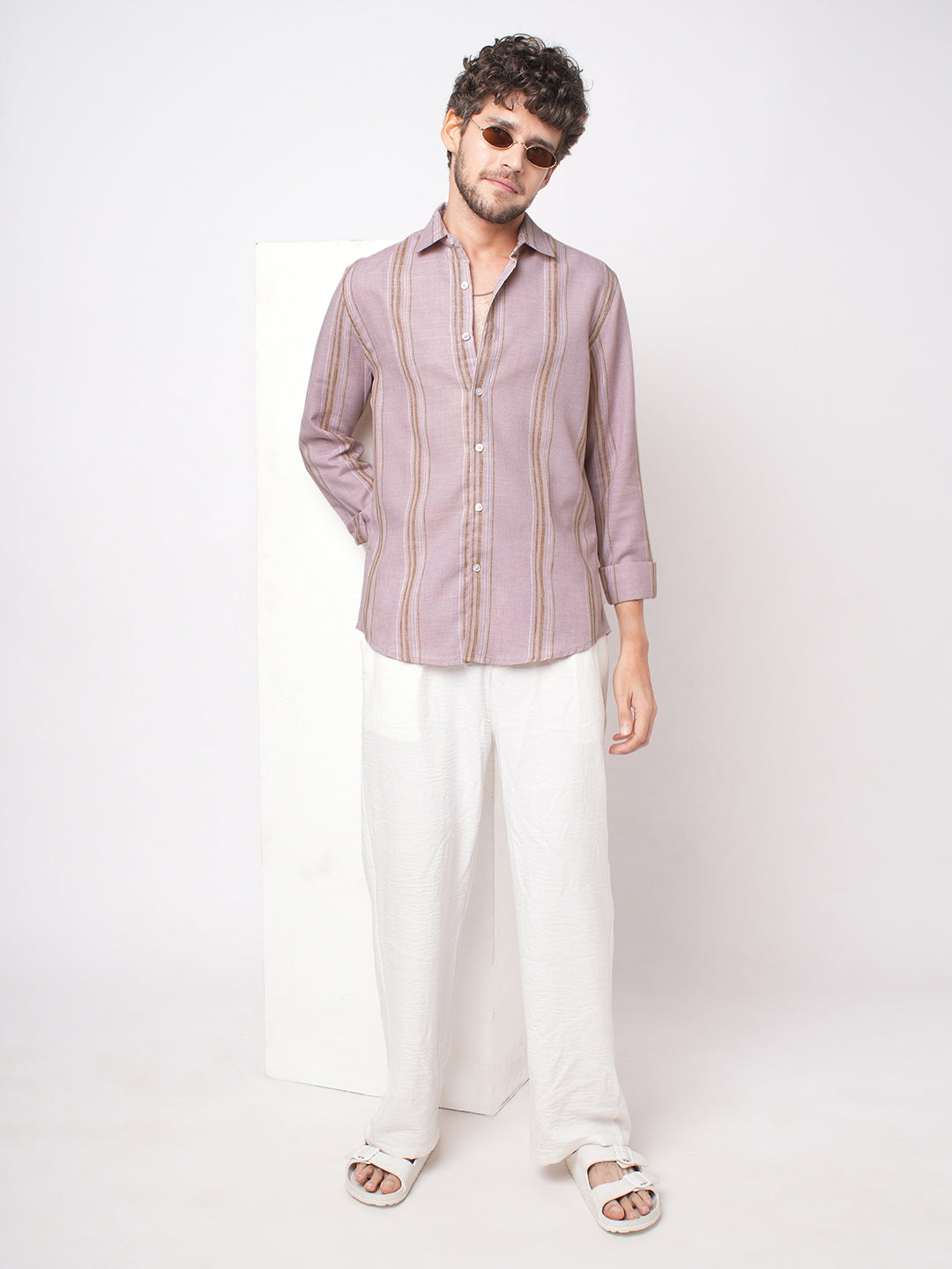 Subtle Pink Vertical Striped Linen Blend Shirt