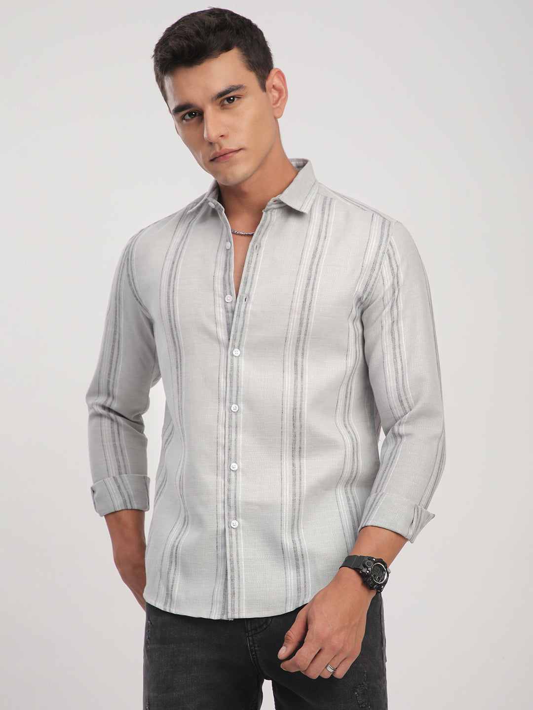 Light Grey Marine Mist Striped Linen Blend Shirt