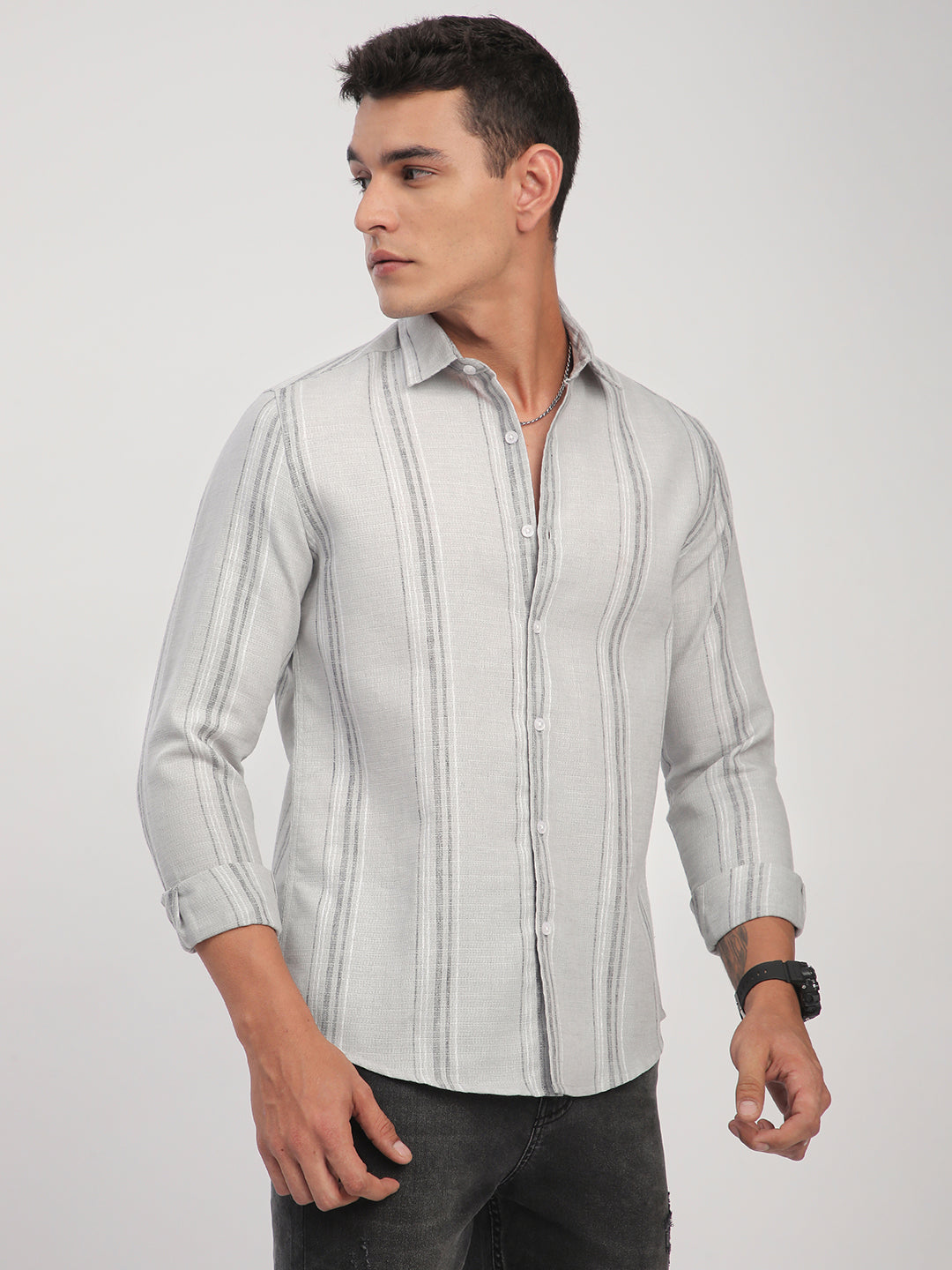 Light Grey Marine Mist Striped Linen Blend Shirt
