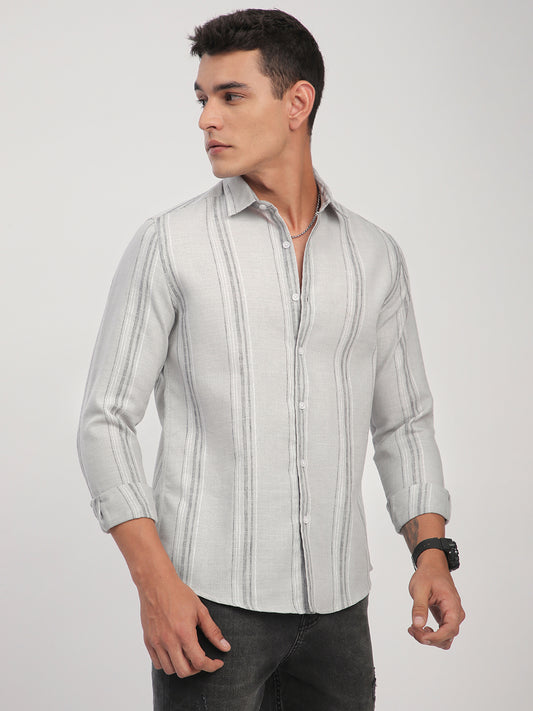 Light Grey Marine Mist Striped Linen Blend Shirt