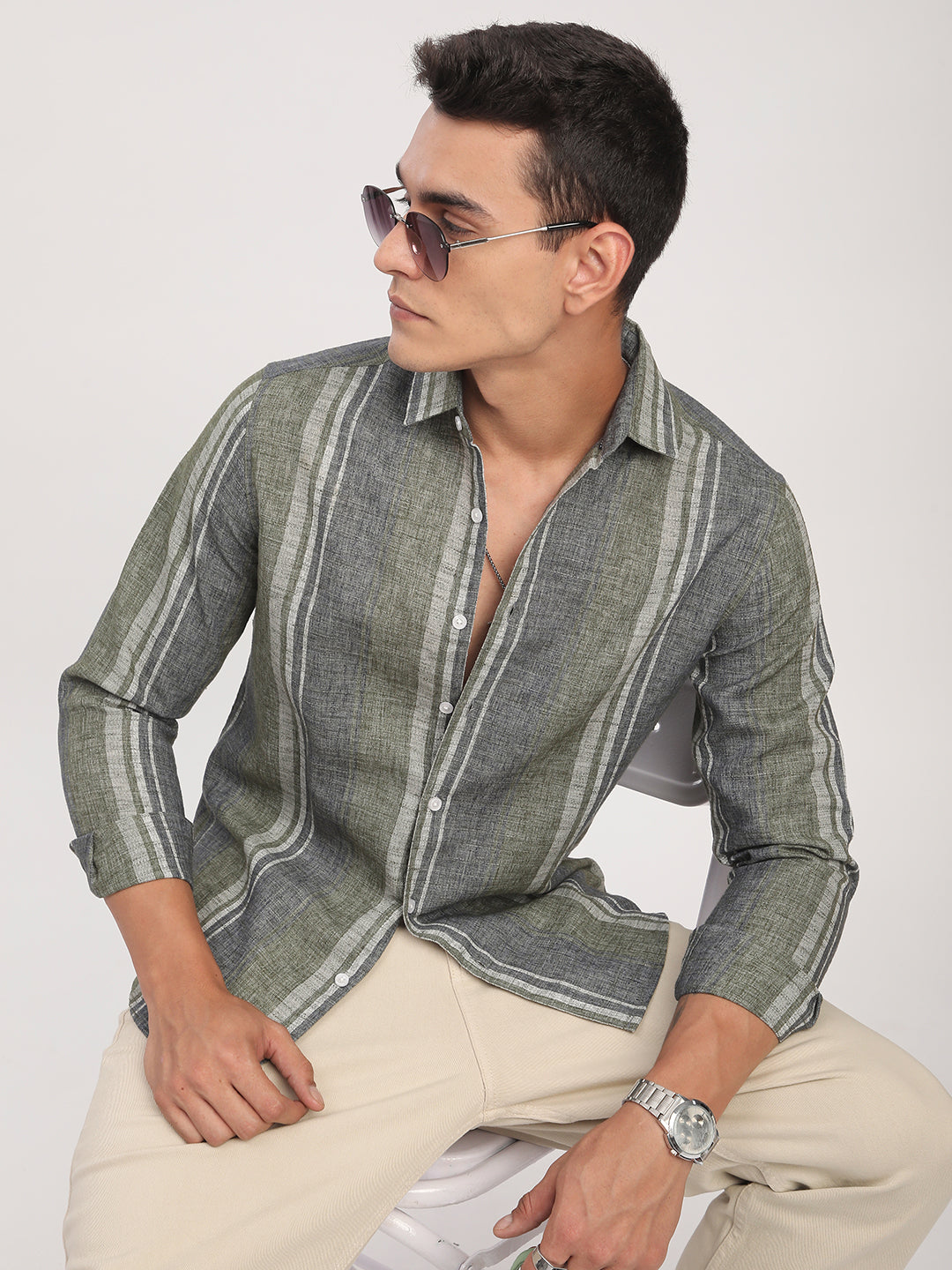 Olive Green & Grey Slub Striped Shirt