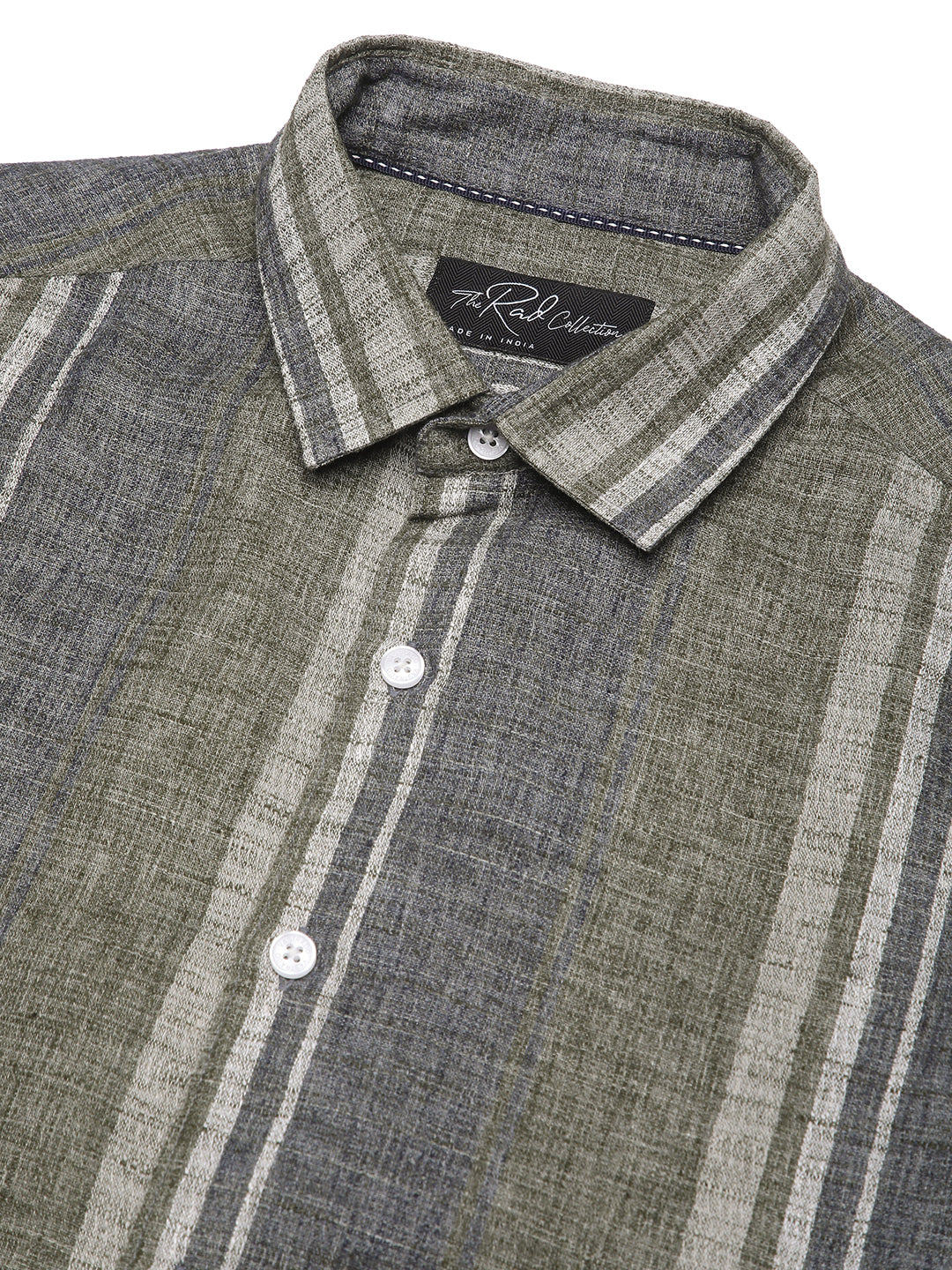 Olive Green & Grey Slub Striped Shirt