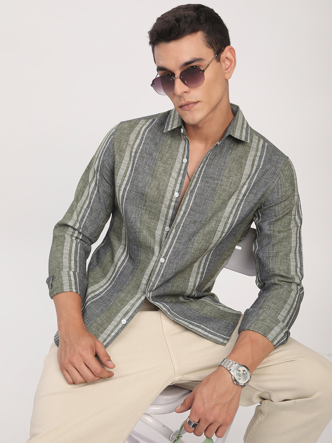 Olive Green & Grey Slub Striped Shirt