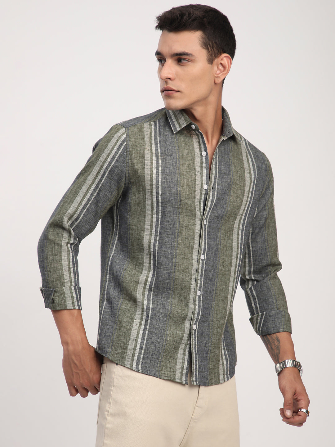Olive Green & Grey Slub Striped Shirt