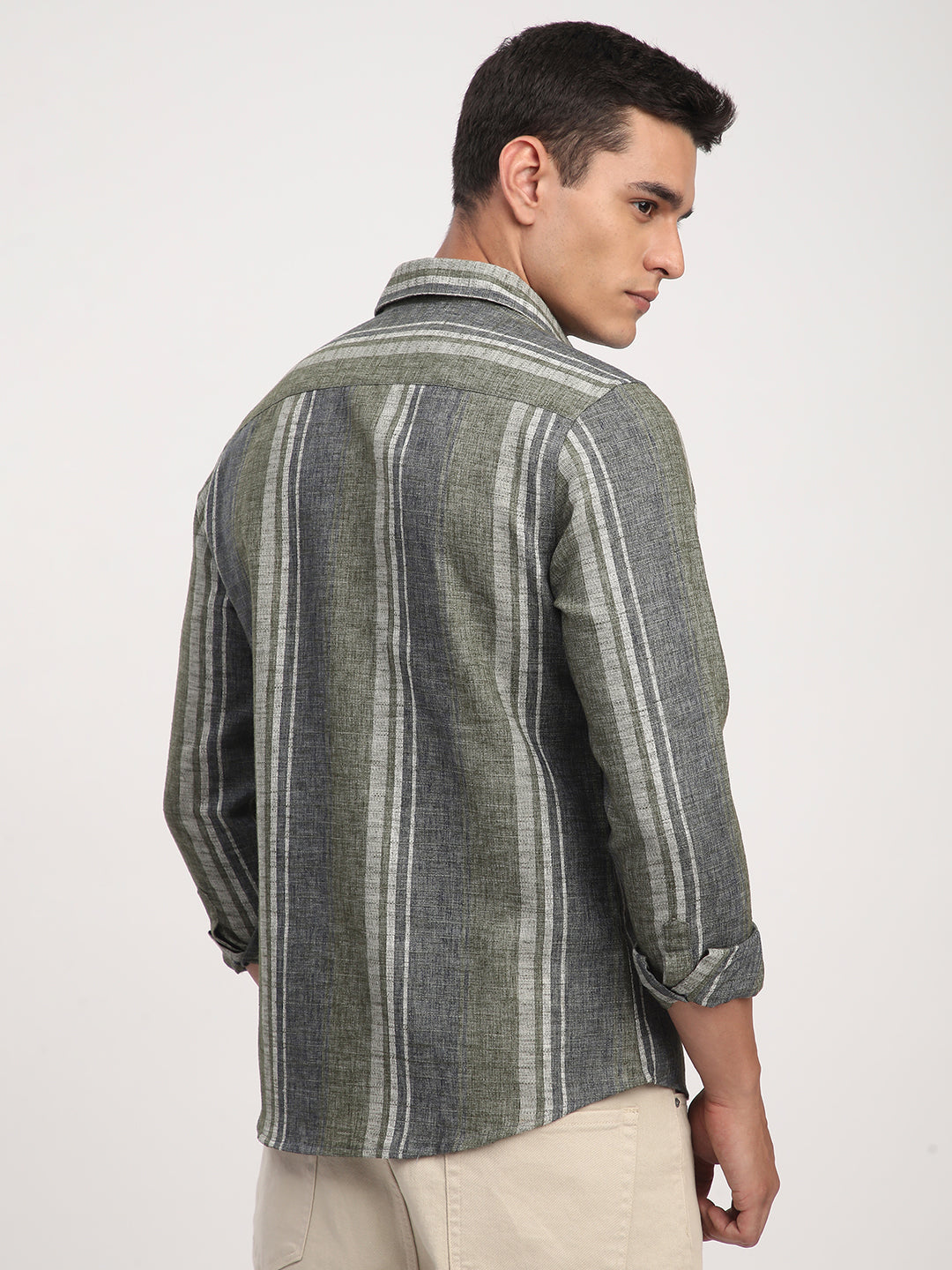 Olive Green & Grey Slub Striped Shirt