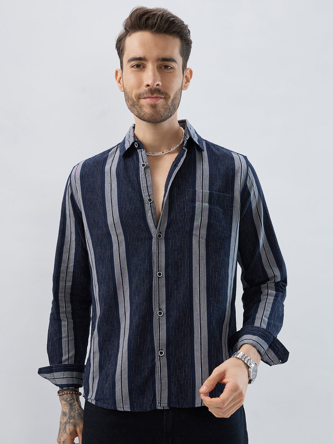 Navy Contrast Stitch Vertical Stripe Jacquard Shirt