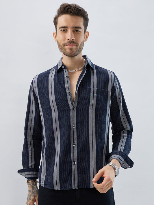 Navy Contrast Stitch Vertical Stripe Jacquard Shirt
