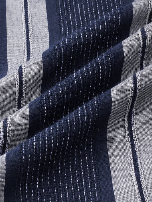 Navy Contrast Stitch Vertical Stripe Jacquard Shirt