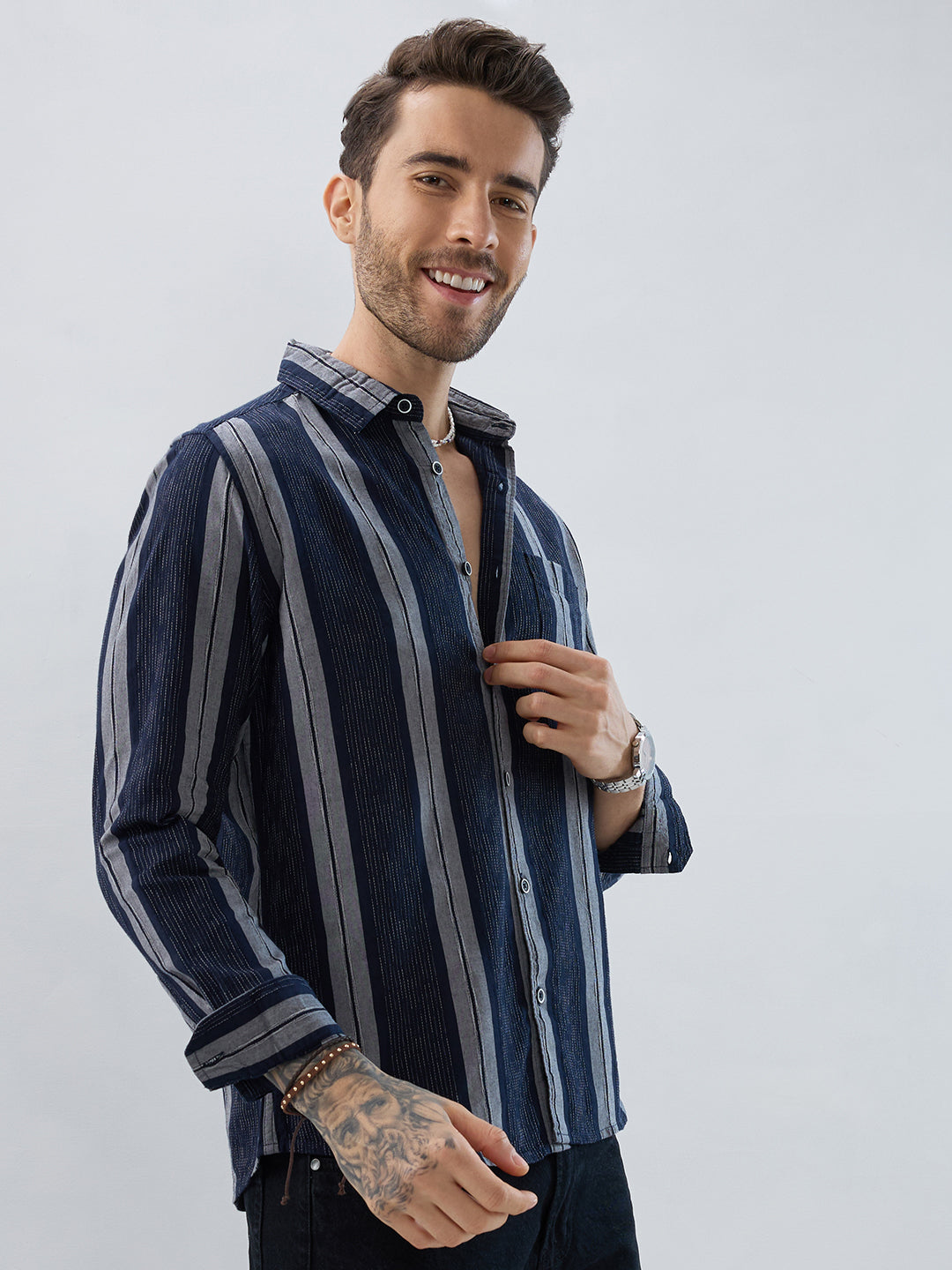 Navy Contrast Stitch Vertical Stripe Jacquard Shirt