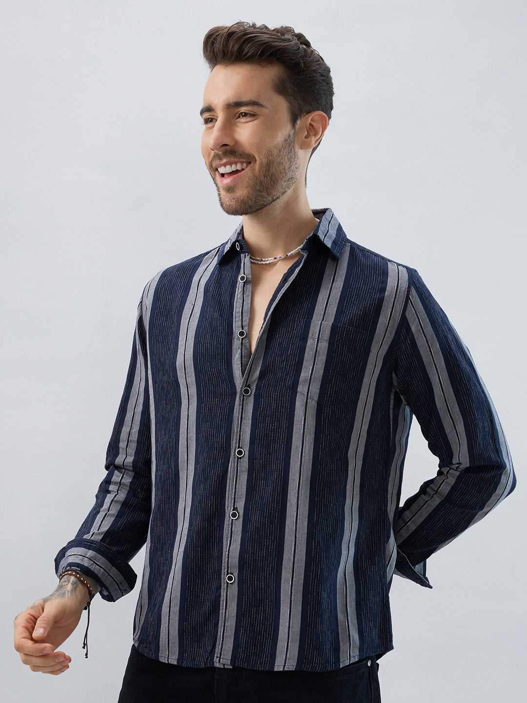 Navy Contrast Stitch Vertical Stripe Jacquard Shirt