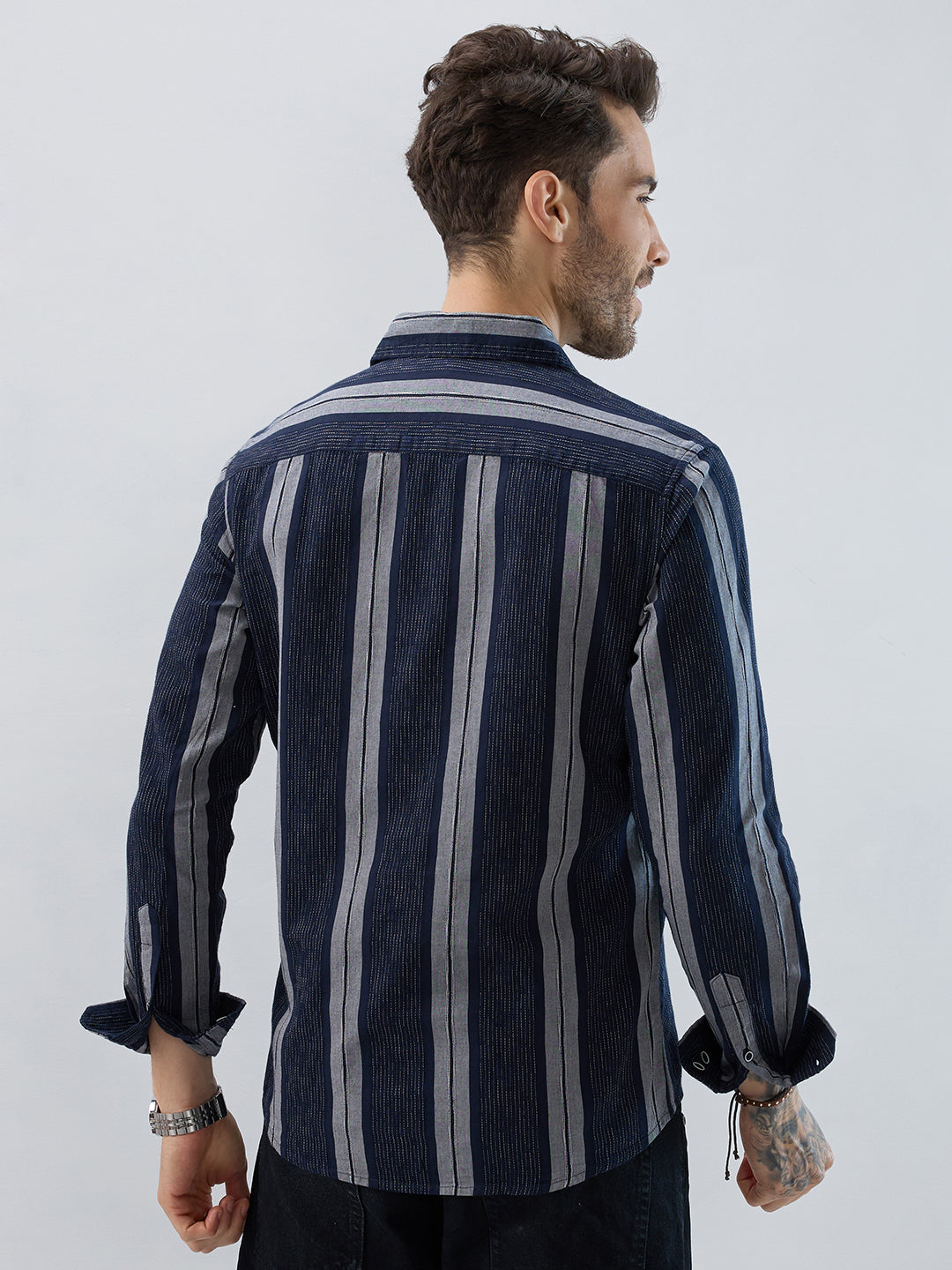 Navy Contrast Stitch Vertical Stripe Jacquard Shirt