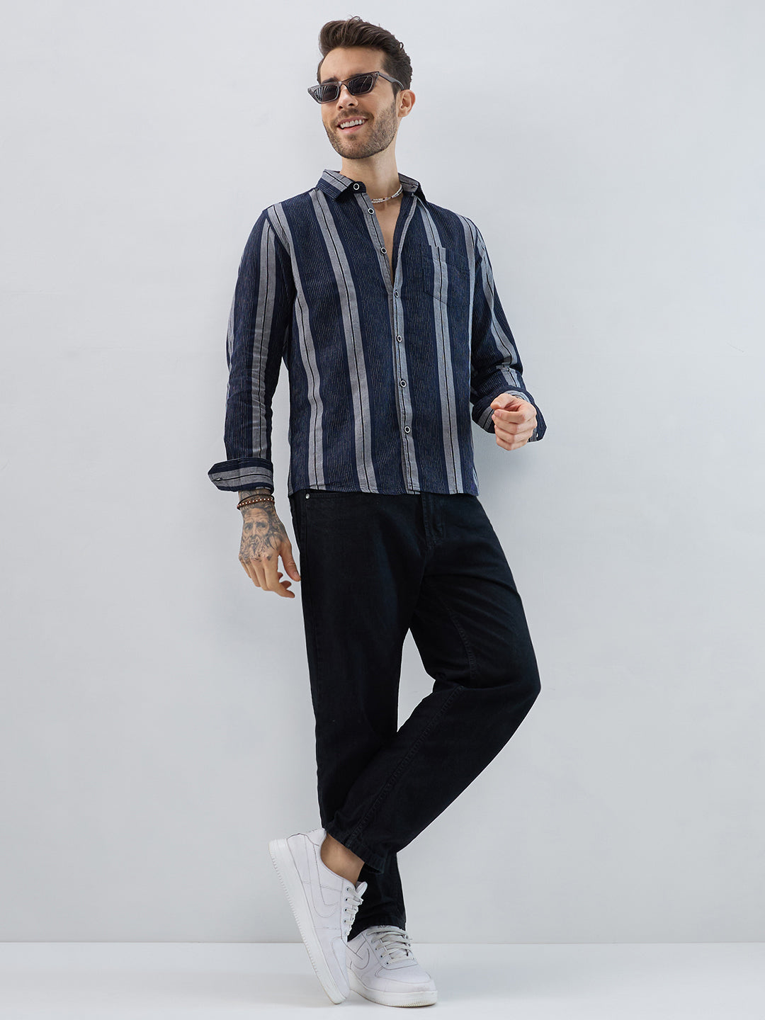 Navy Contrast Stitch Vertical Stripe Jacquard Shirt