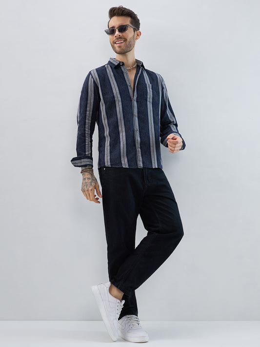 Navy Contrast Stitch Vertical Stripe Jacquard Shirt