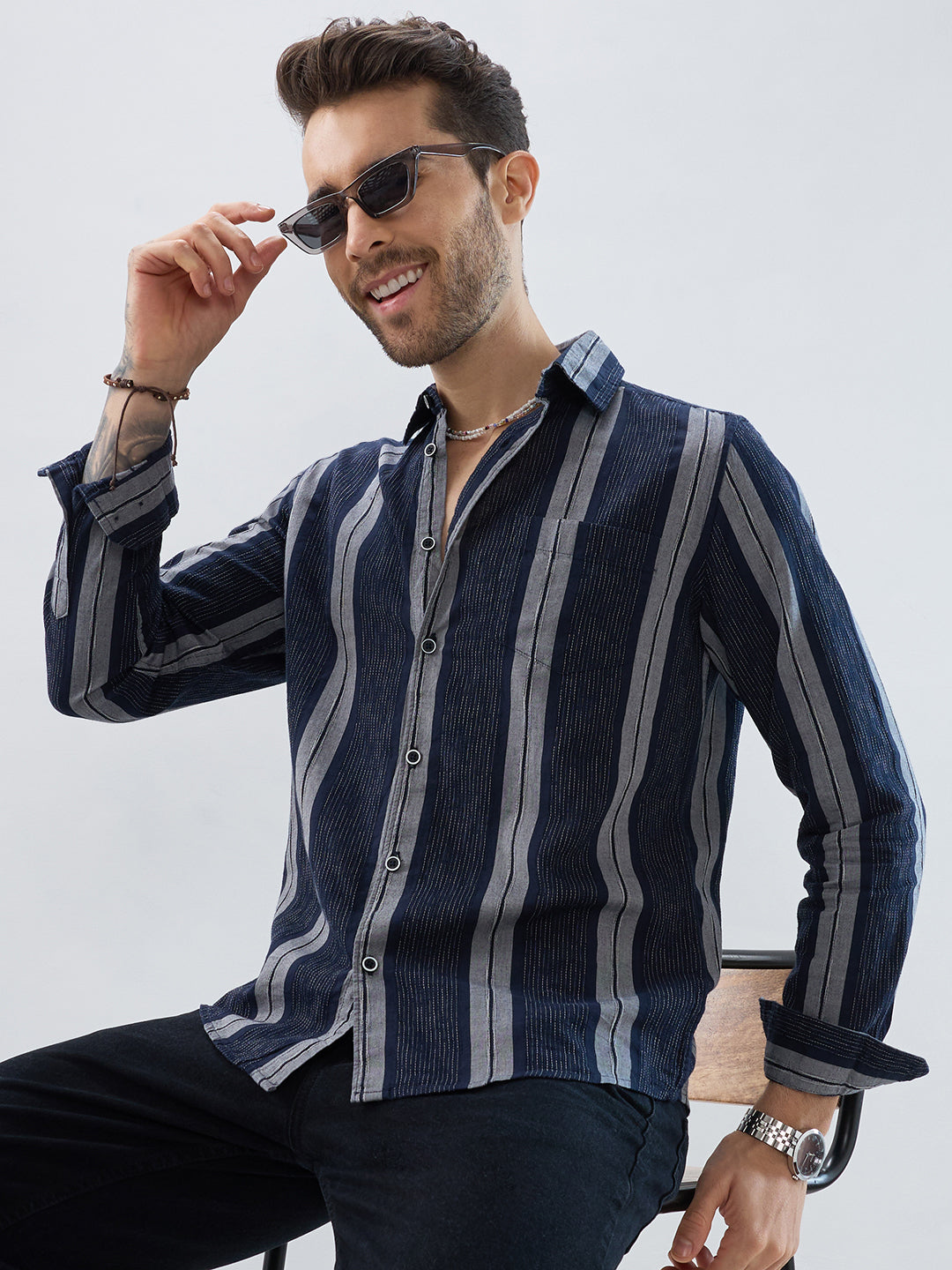 Navy Contrast Stitch Vertical Stripe Jacquard Shirt