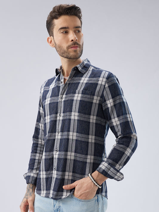 Graphite Blue Contrast Stitch Multi-Check Jacquard Shirt