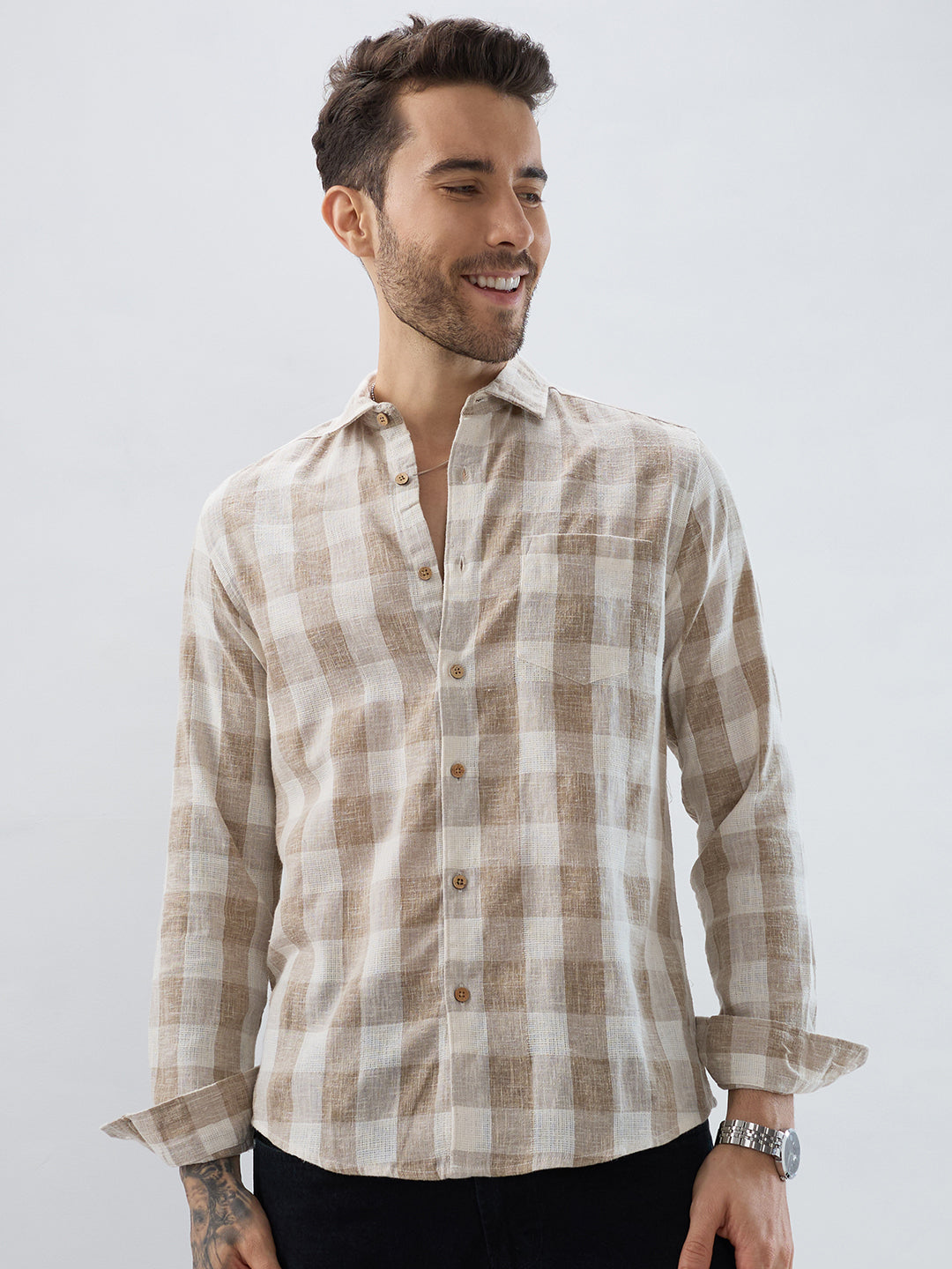 Vintage Khaki Linen Blend Square Checks Jacquard Shirt