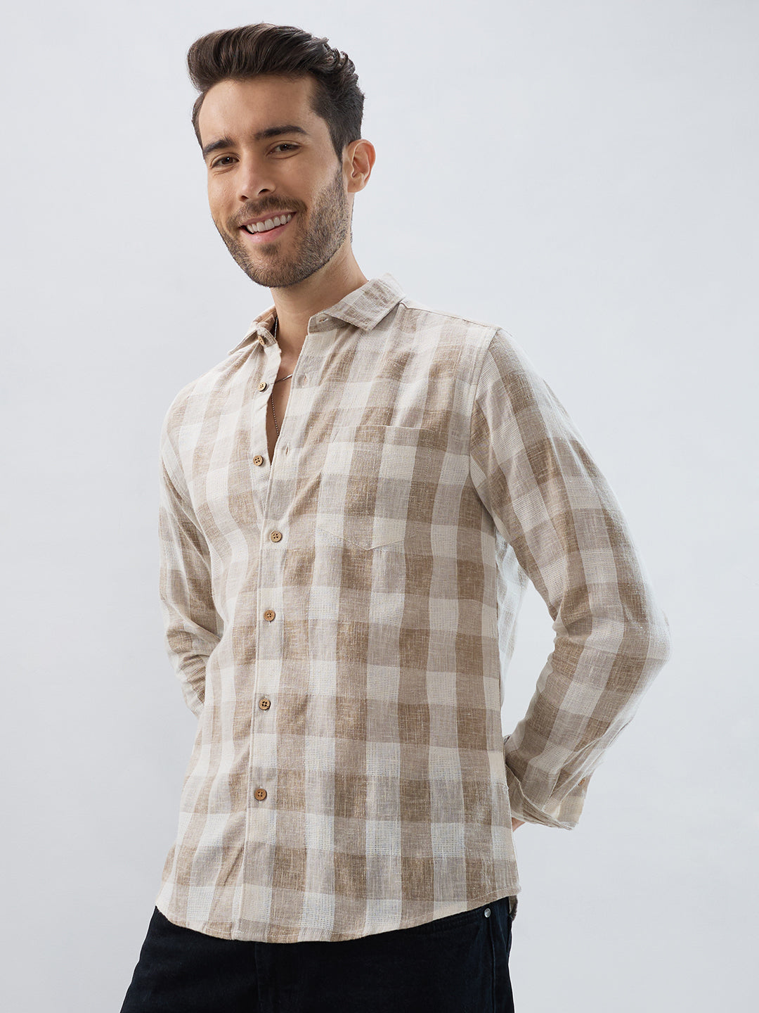 Vintage Khaki Linen Blend Square Checks Jacquard Shirt