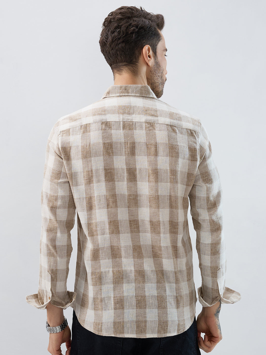 Vintage Khaki Linen Blend Square Checks Jacquard Shirt