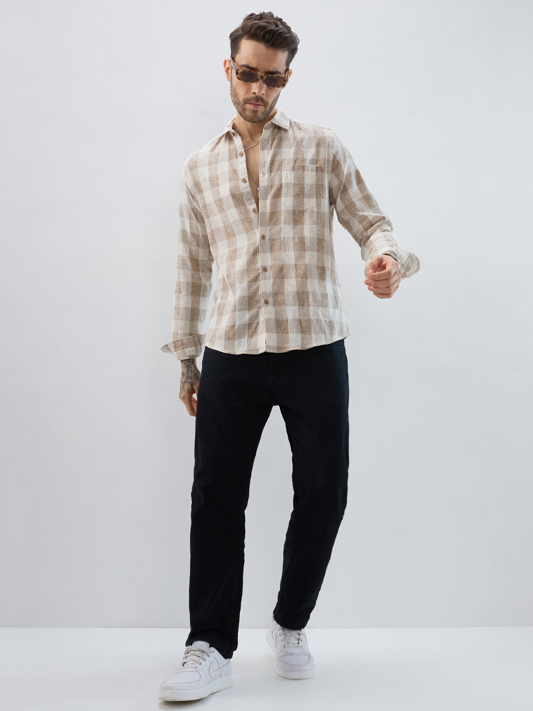 Vintage Khaki Linen Blend Square Checks Jacquard Shirt