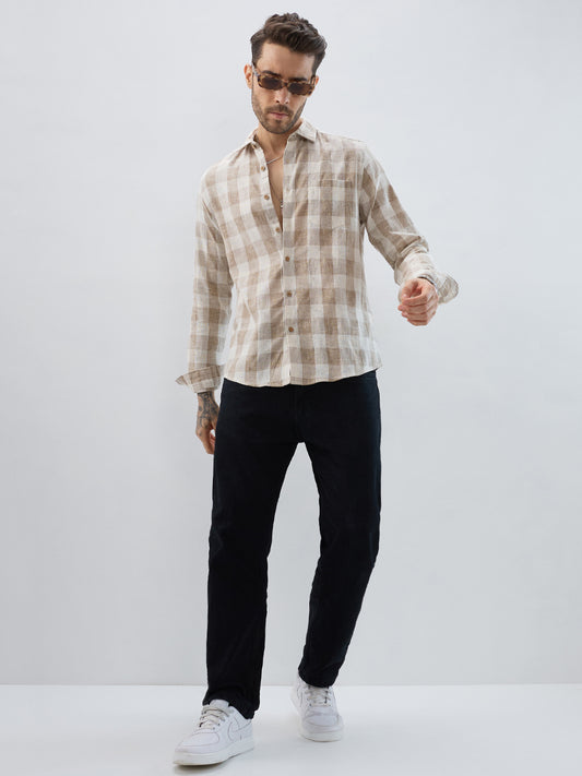 Vintage Khaki Linen Blend Square Checks Jacquard Shirt