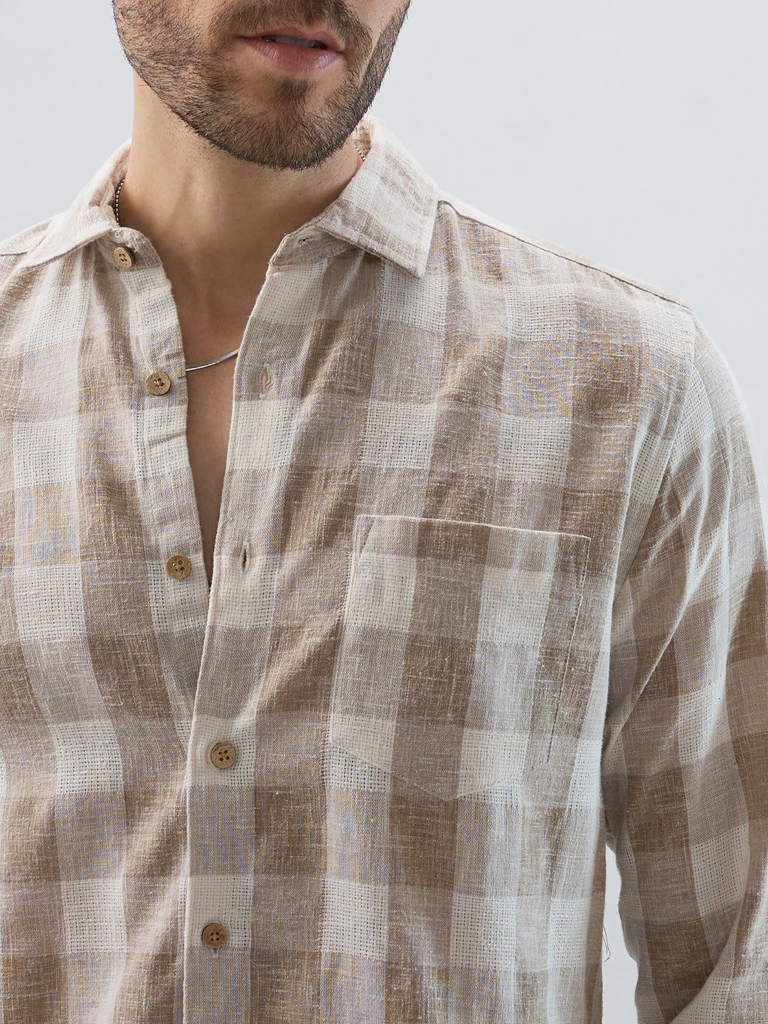 Vintage Khaki Linen Blend Square Checks Jacquard Shirt