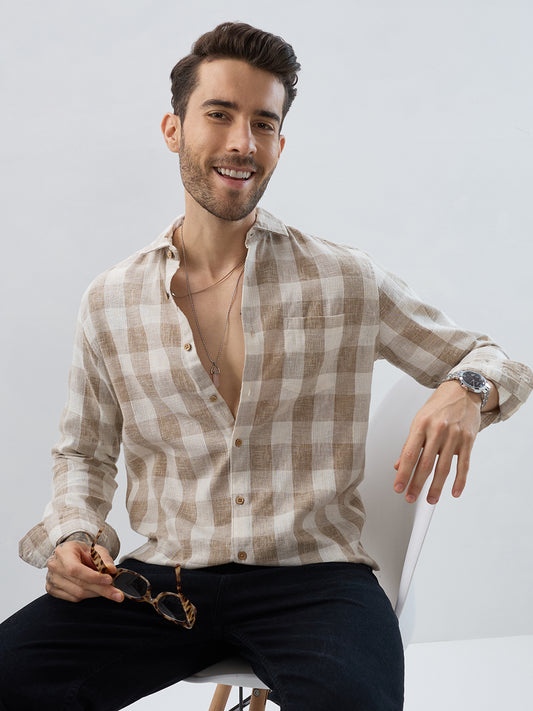 Vintage Khaki Linen Blend Square Checks Jacquard Shirt