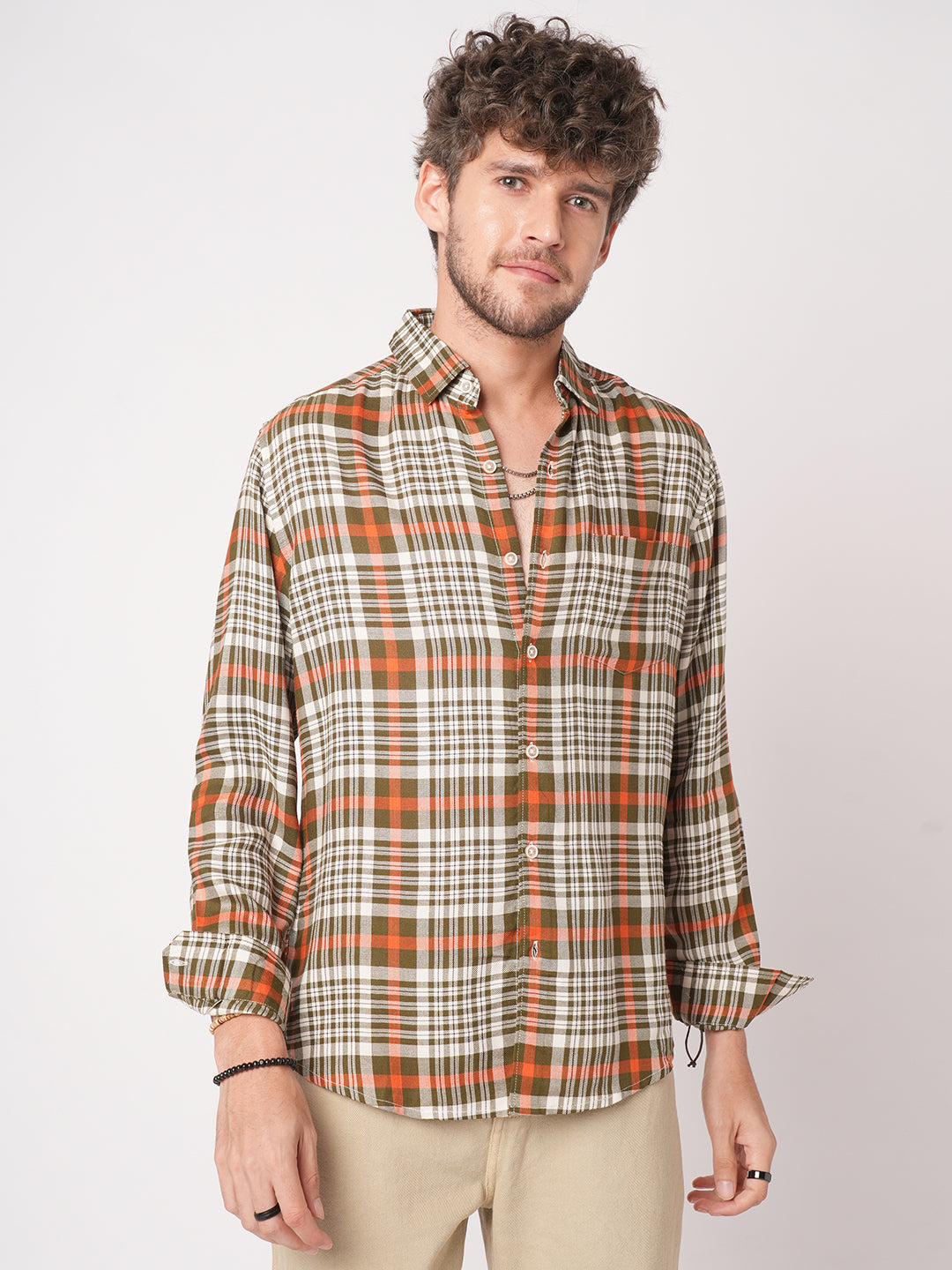 White & Olive Green Heritage Checks Shirt