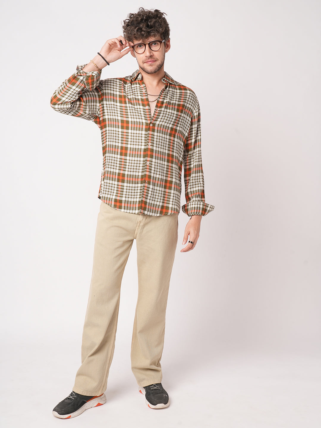 White & Olive Green Heritage Checks Shirt