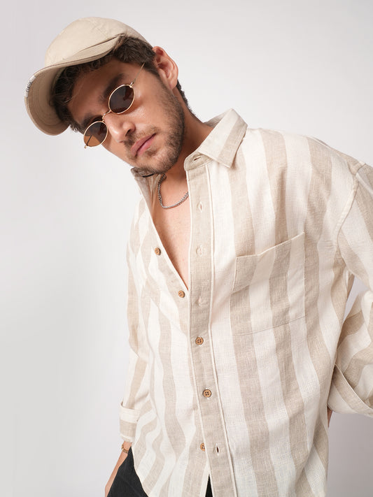 Classic Khadi Vibe Driftwood Stripe Boxy Fit Cropped Shirt