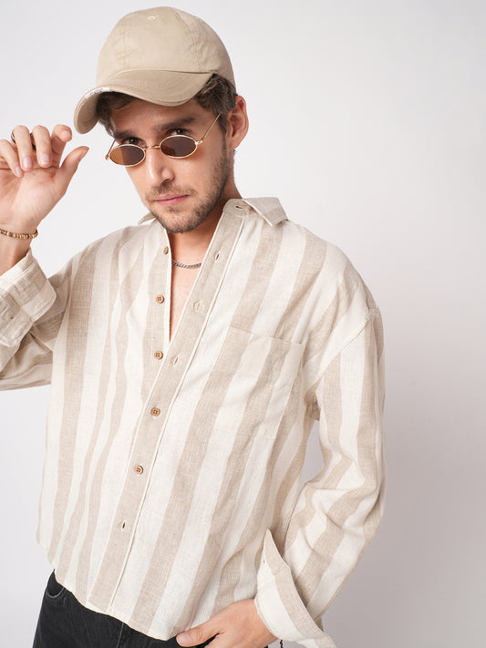 Classic Khadi Vibe Driftwood Stripe Boxy Fit Cropped Shirt