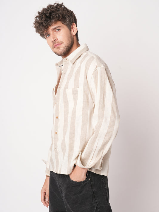 Classic Khadi Vibe Driftwood Stripe Boxy Fit Cropped Shirt