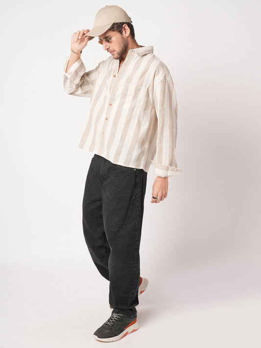 Classic Khadi Vibe Driftwood Stripe Boxy Fit Cropped Shirt