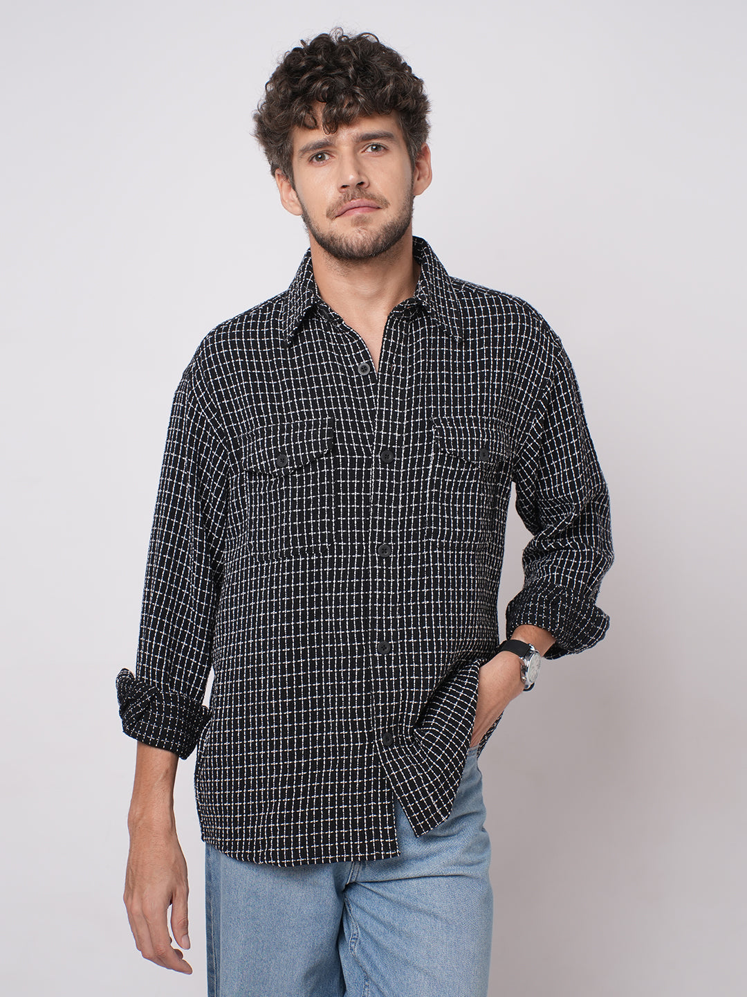 Black Sculpted Checks Double Pocket Overshirt