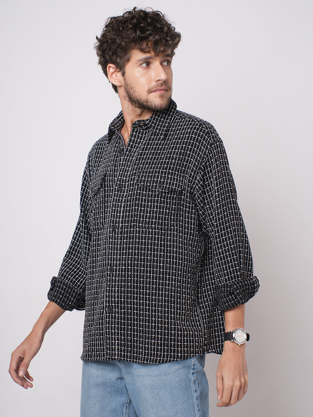 Black Sculpted Checks Double Pocket Overshirt