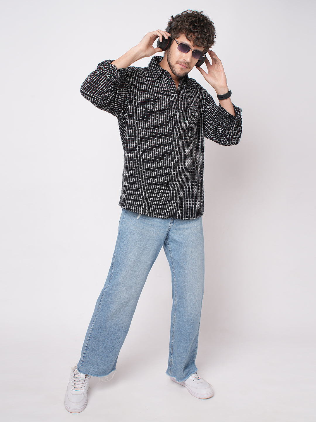 Black Sculpted Checks Double Pocket Overshirt