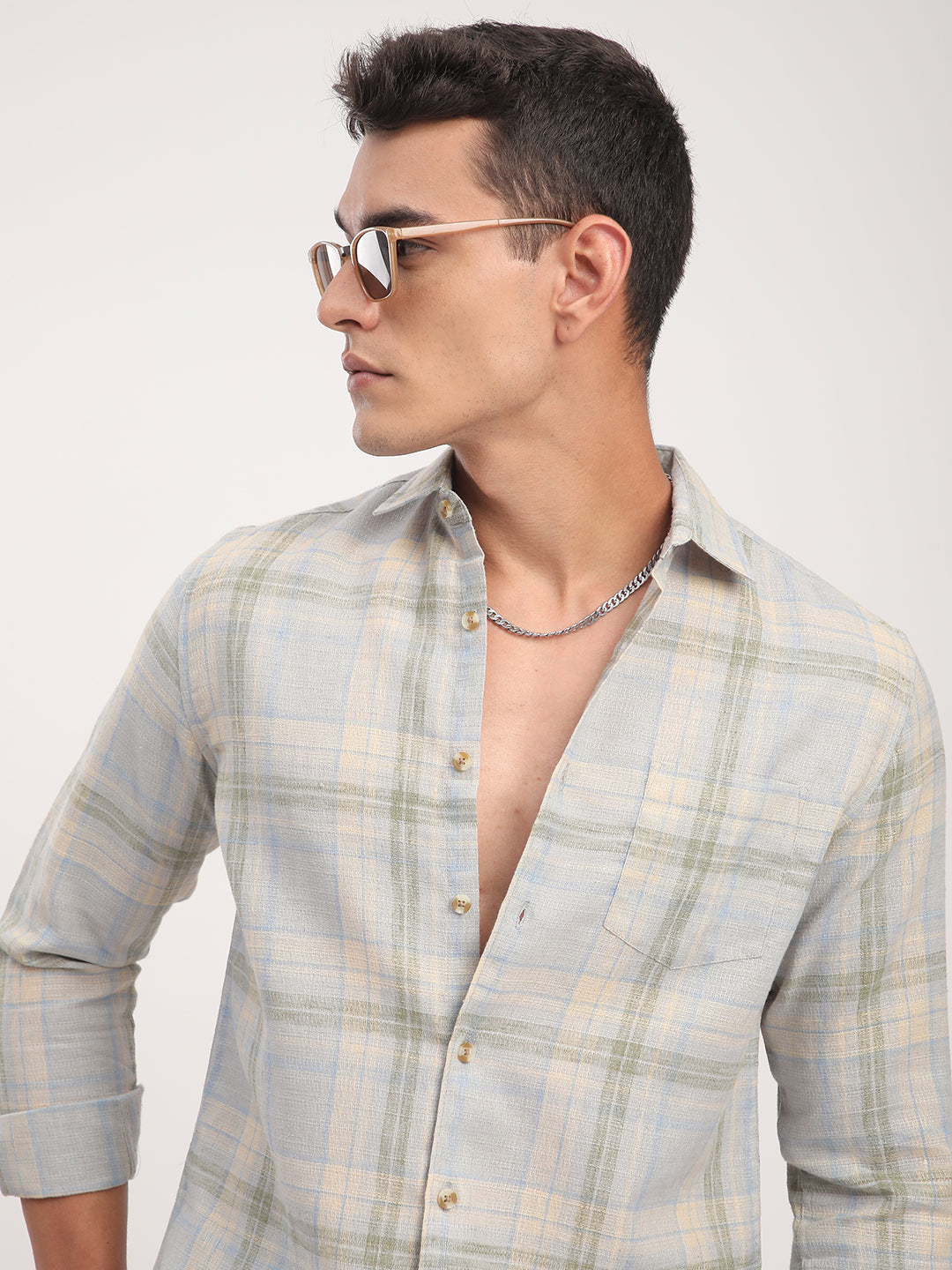 Muted Sky Multicolour Plaid Checks Linen Blend Shirt