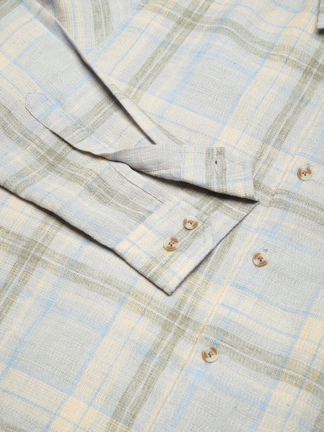 Muted Sky Multicolour Plaid Checks Linen Blend Shirt