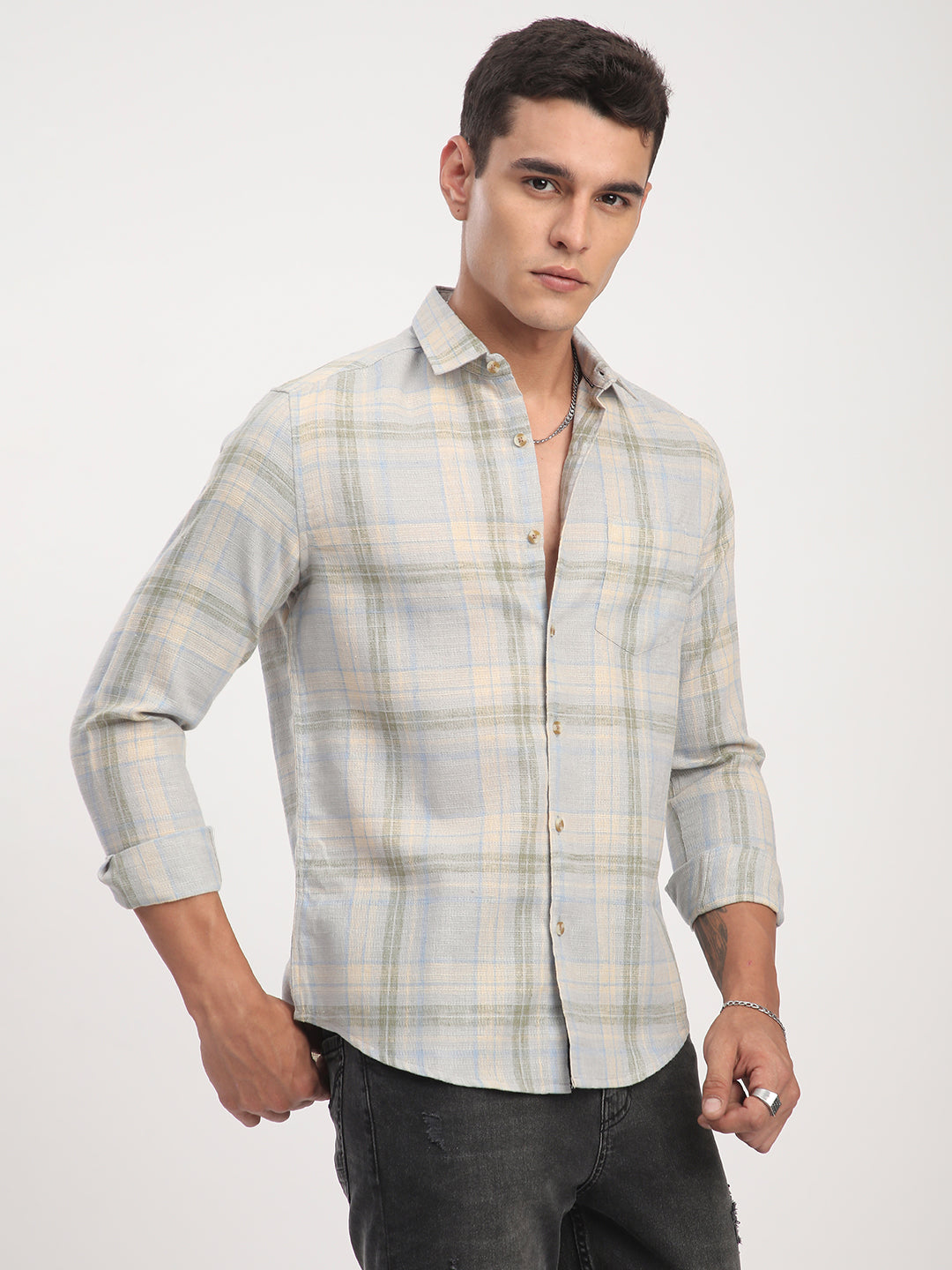 Muted Sky Multicolour Plaid Checks Linen Blend Shirt
