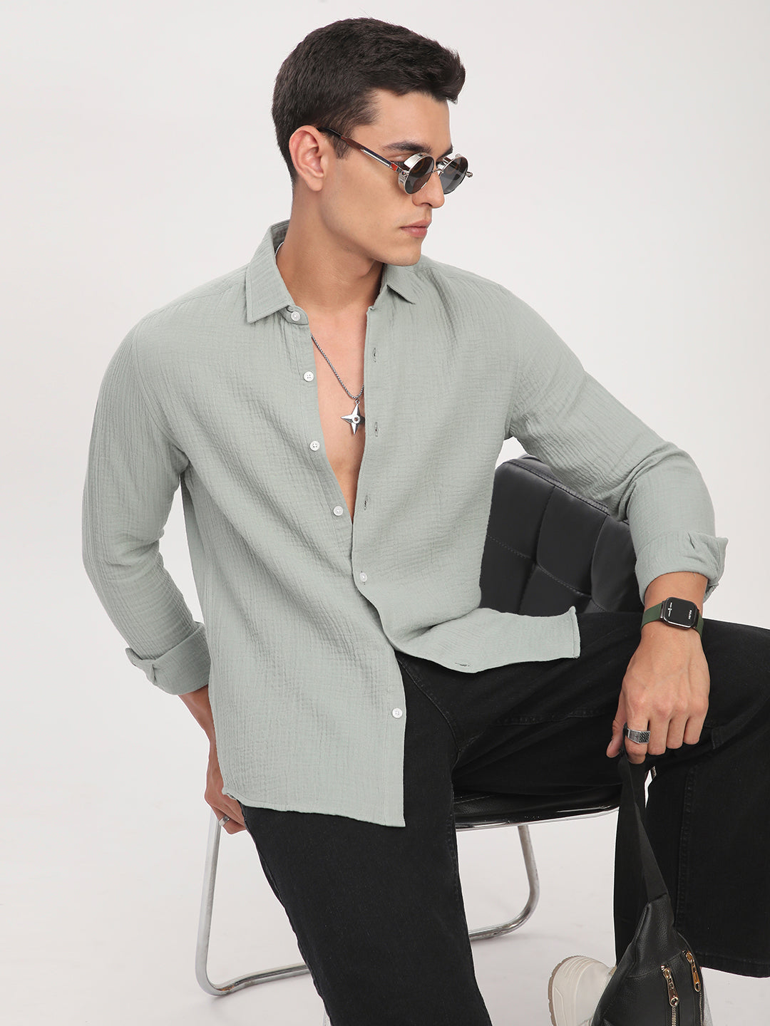 Laurel Green Zephyr Double Cloth Crinkled Shirt