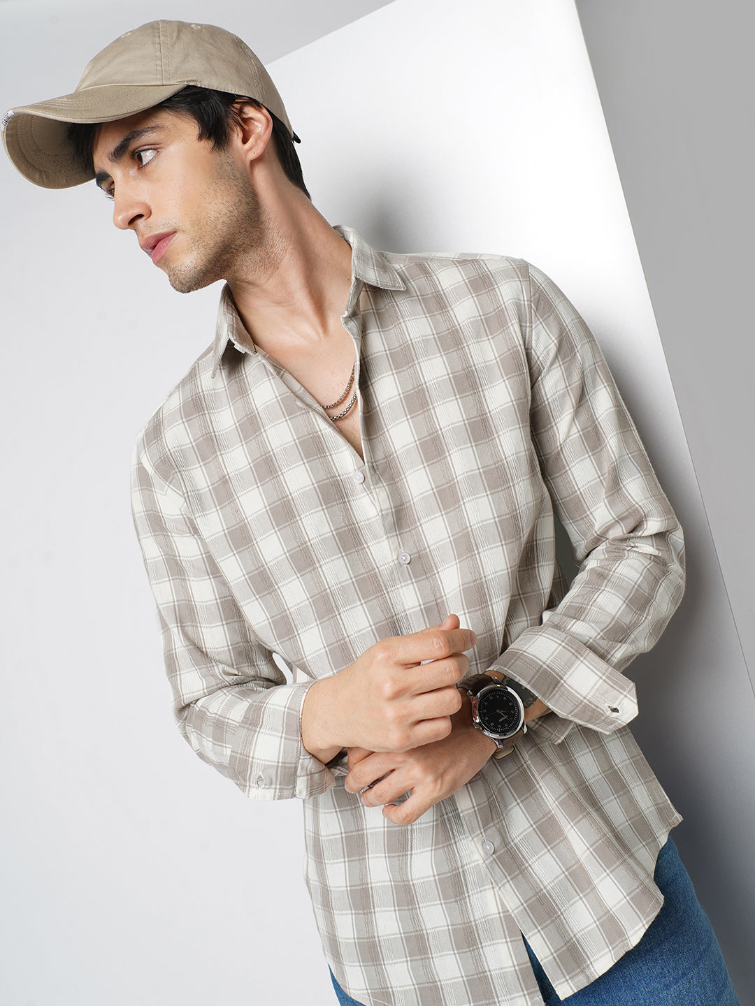 Neutral Sand Jacquard Checkered Shirt