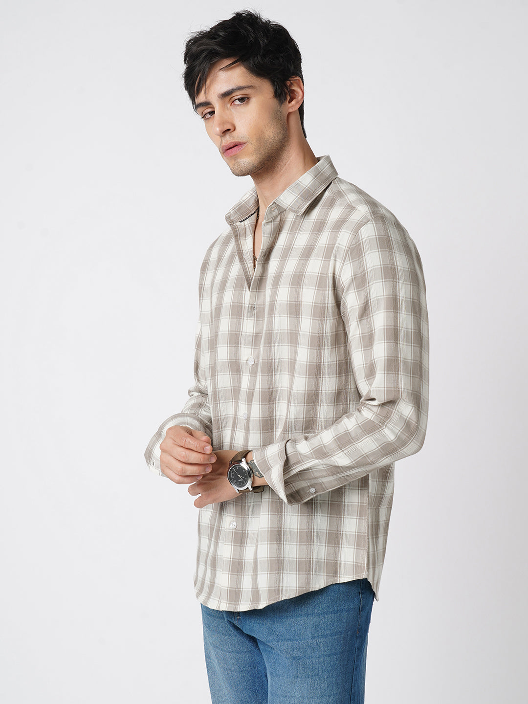 Neutral Sand Jacquard Checkered Shirt