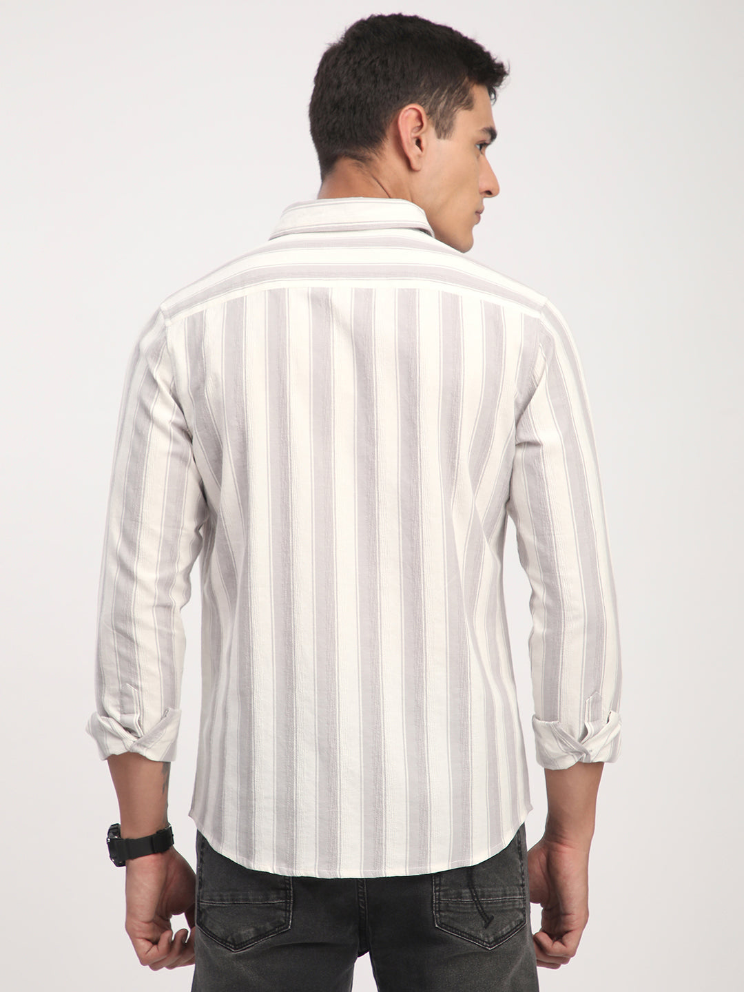 White & Frosted Grey Textured Striped Shirt