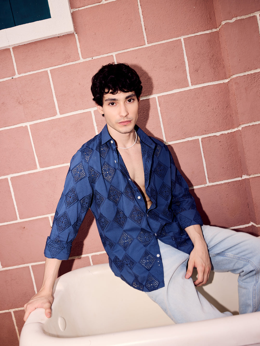 Aegean Blue Diamond Schiffli Shirt