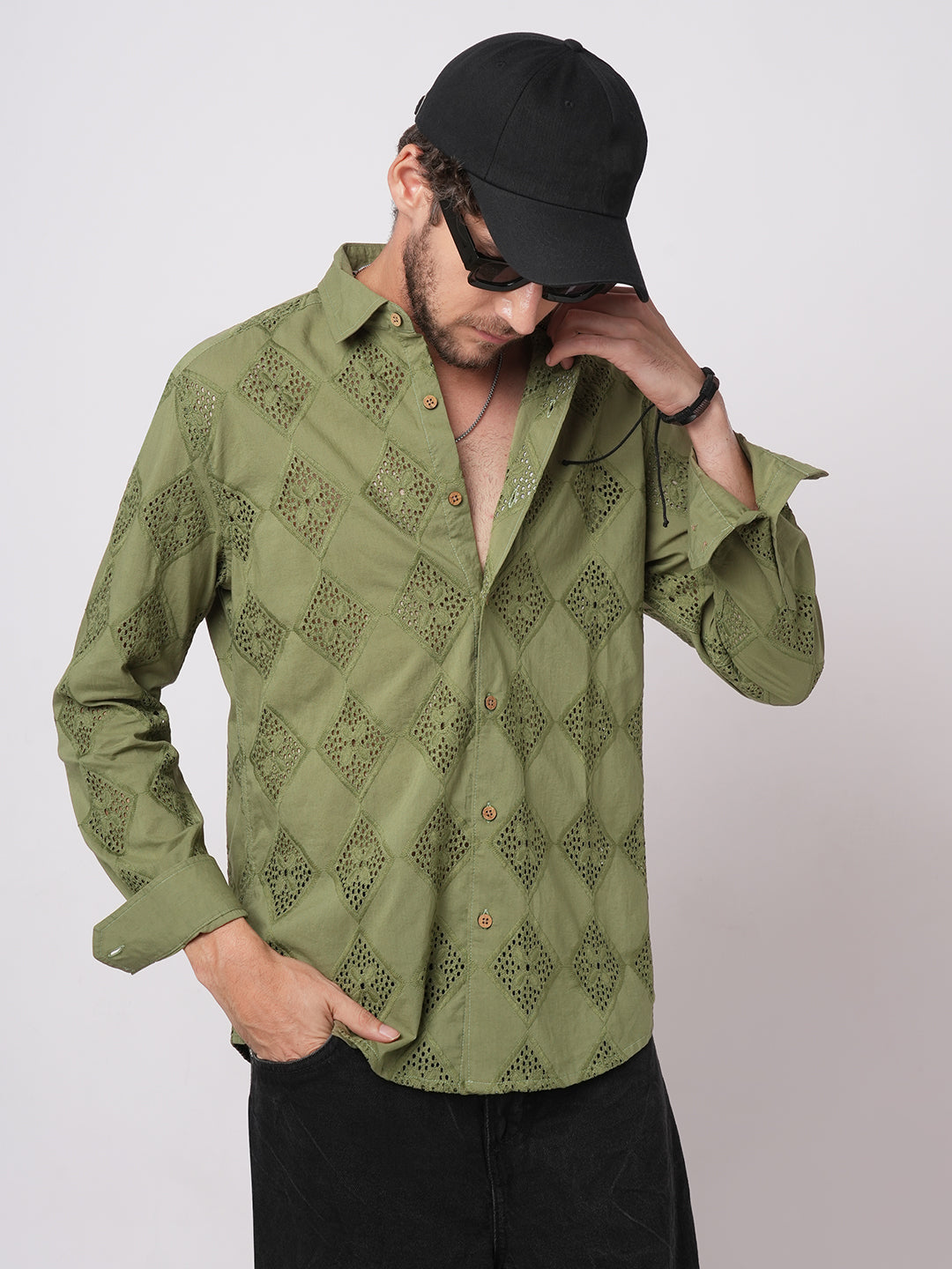 Olive Lozenge Schiffli Shirt