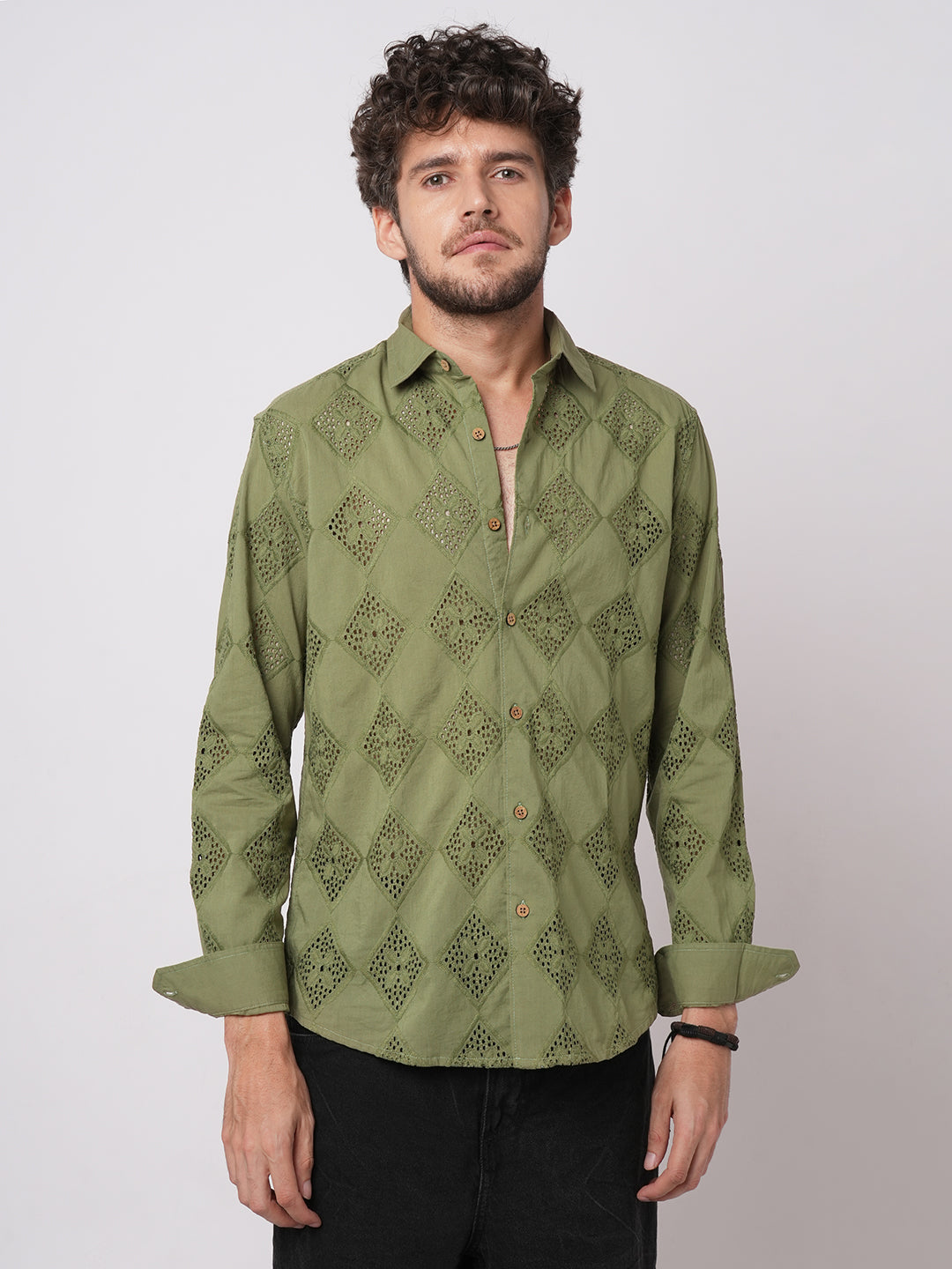 Olive Lozenge Schiffli Shirt