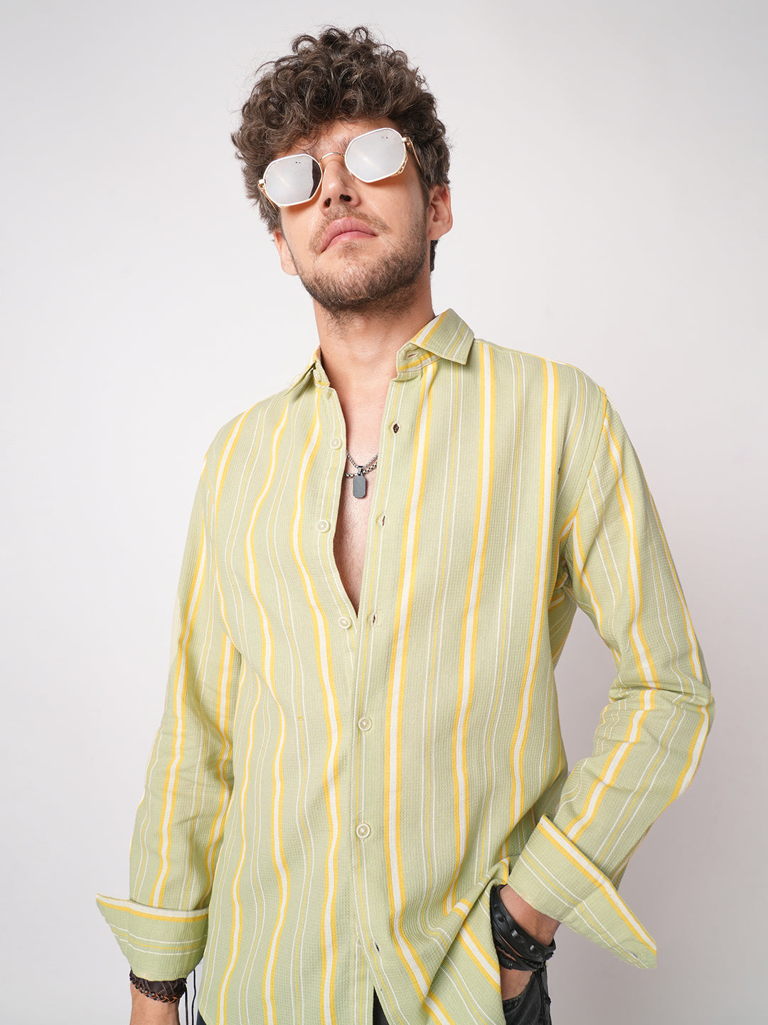 Pastel Green Coastal Striped Waffle Shirt